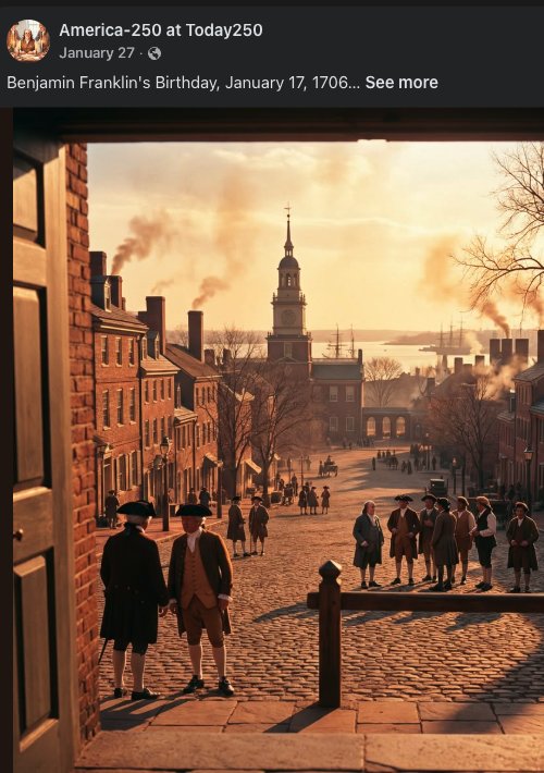 Facebook post: Benjamin Franklin's Birthday — colonial Philadelphia street scene at sunset